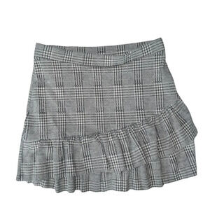 Ripe Faux Vegan Wool Knit Plaid Skirt Ruffles Gray Black M